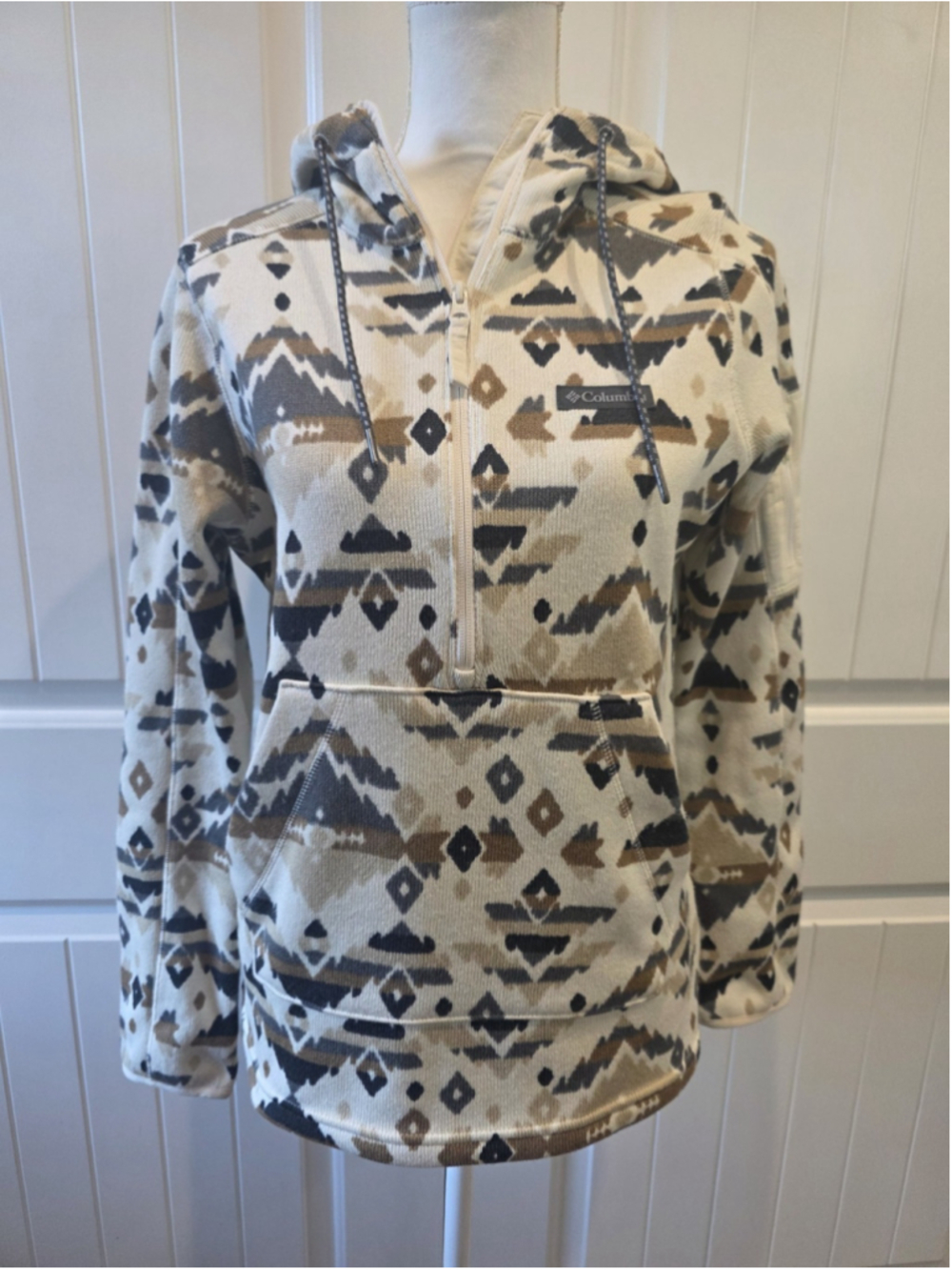 Columbia Sweater Weather Fleece Hooded Quarter Zip Sz S Cream Aztec Outdoor Hike - Picture 4 of 14